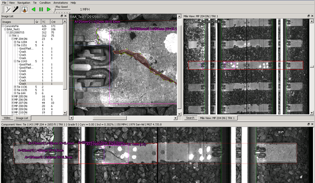 Screenshot of CV Rail's vision client showing a crack on a concrete tie. In this application the user can query the image database by crack length, and other parameters, such as track curvature or tie grade.